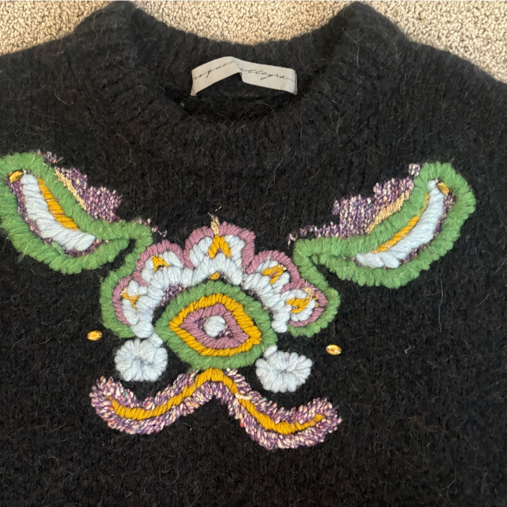 Raquel Allegra Gorgeous Black wool Sweater with Embroidery